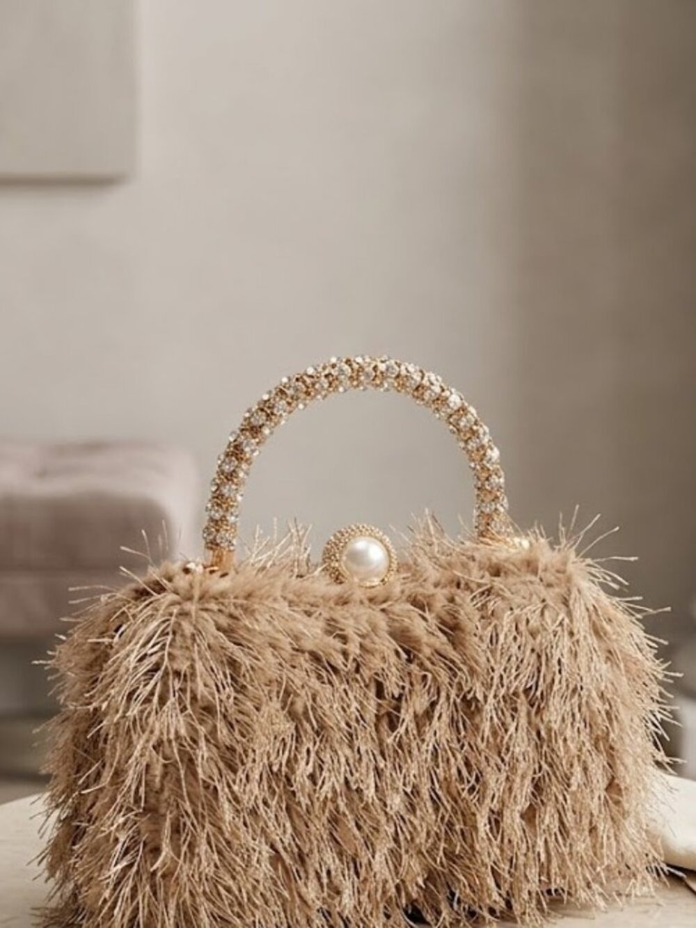 Fuzzy Beaded Handle Handbag